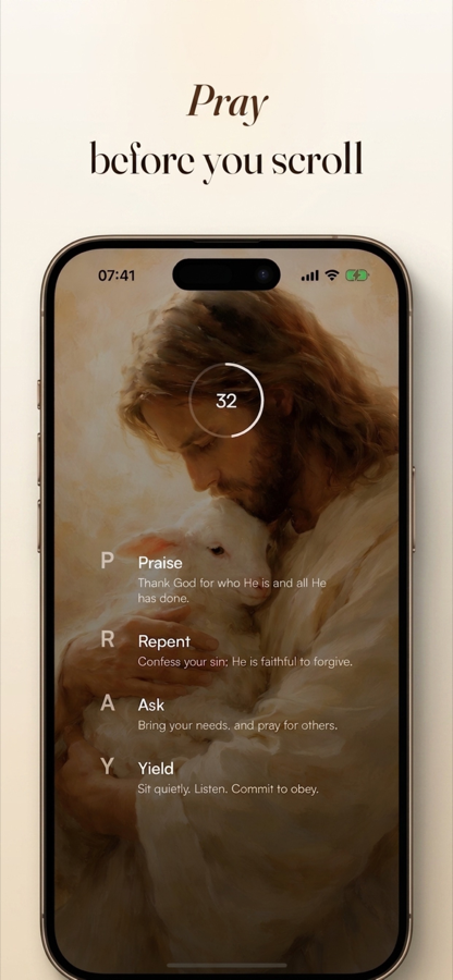 Behold's Prayer screen on iPhone: a 32-second countdown ring over an image of Jesus holding a lamb, with the P.R.A.Y. steps below: Praise, Repent, Ask, Yield
