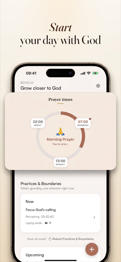 Behold's Presence screen on iPhone showing the Prayer Ring with Prayer Times set for 07:00 morning, 13:00 midday and 22:00 night, and a Morning Prayer waiting to be tapped
