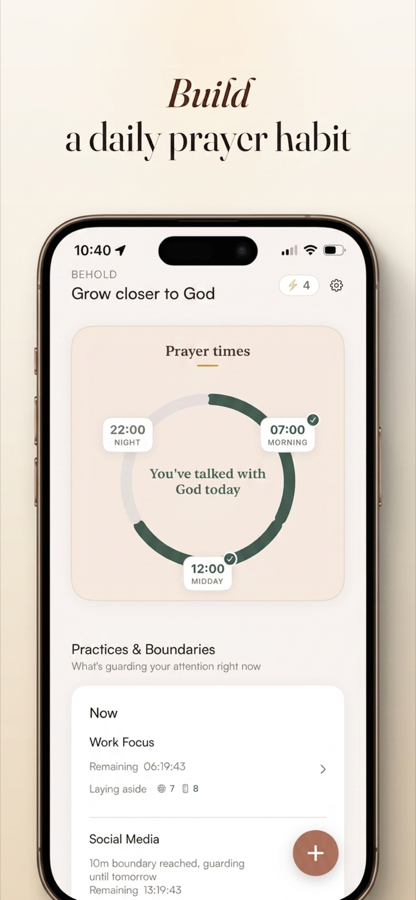 Behold's Presence screen on iPhone with the Prayer Ring filled in green and checkmarks on completed Prayer Times, reading 'You've talked with God today', above active Practices and Boundaries